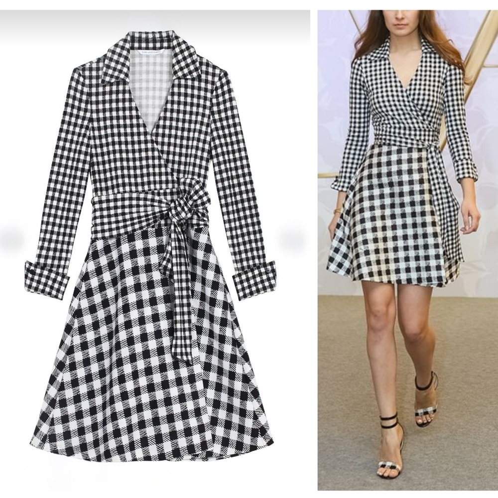 Diane Von Furstenberg Amelianna Gingham Belted Black White Wrap Dress, Size 10